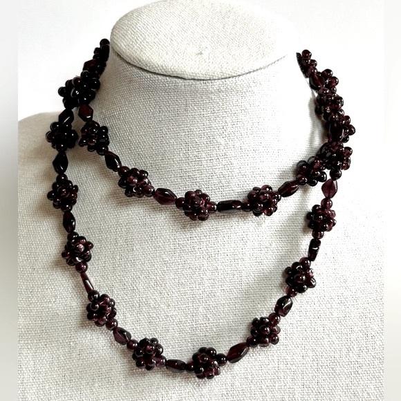 Vintage Garnet Cluster Beaded Necklace with Matching Garnet Post Earrings - Picture 2 of 5